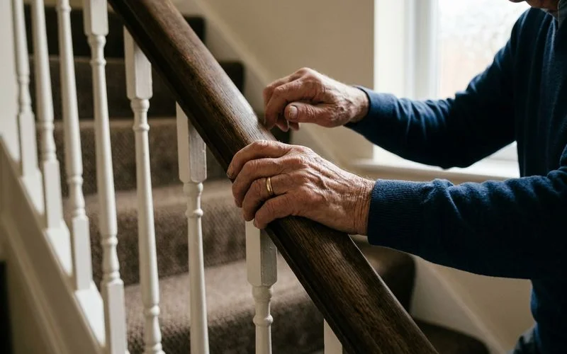 Elderly person holding bannister tightly while climbing stairs