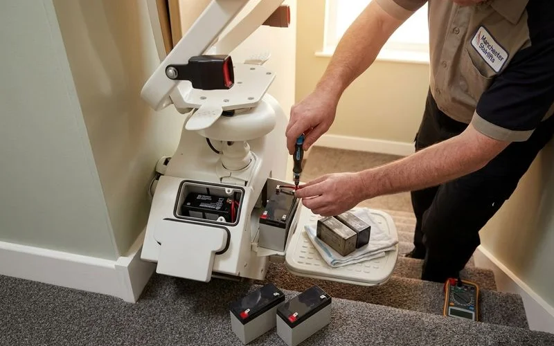 Engineer arriving for emergency stairlift repair call with diagnostic equipment