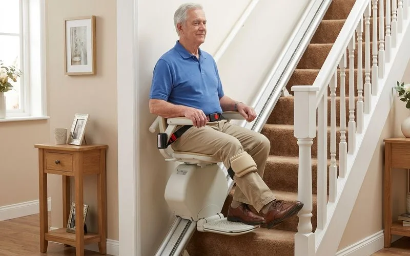Person seated comfortably on stairlift after surgery