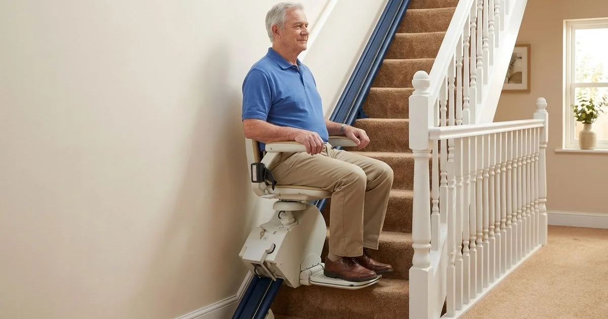 Detailed review of the Brooks Acorn 130 straight stairlift showing padded seat and controls