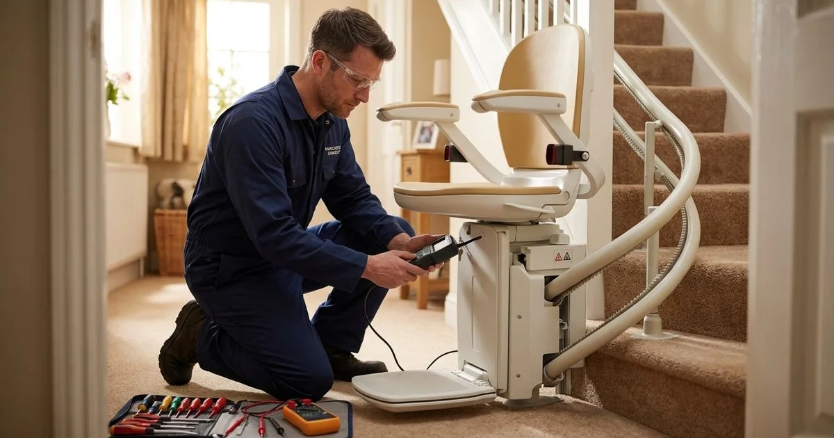 Engineer inspecting a reconditioned stairlift to ensure safety standards are met
