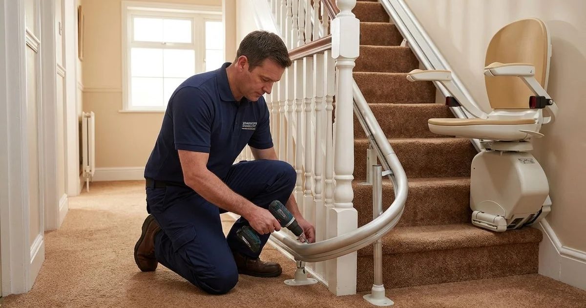 Professional stairlift installation engineer fitting a rail on a staircase in a Manchester home